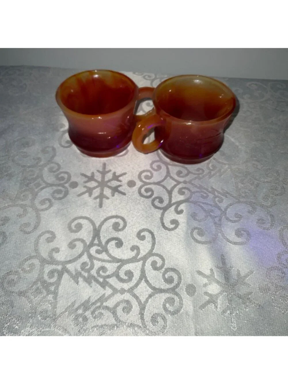 Vintage Amberina Cadmium Glass cups Set/2 UV Reactive Red Orange Starburst